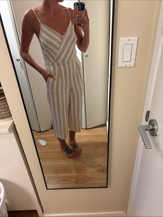 Dex Pants - Dex Striped Spaghetti Strap Jumpsuit in White and Tan